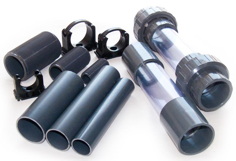 PVC Rohr, Gewinderohr, Hülse, Schauglas transparent, Leitung und  Rohrschelle