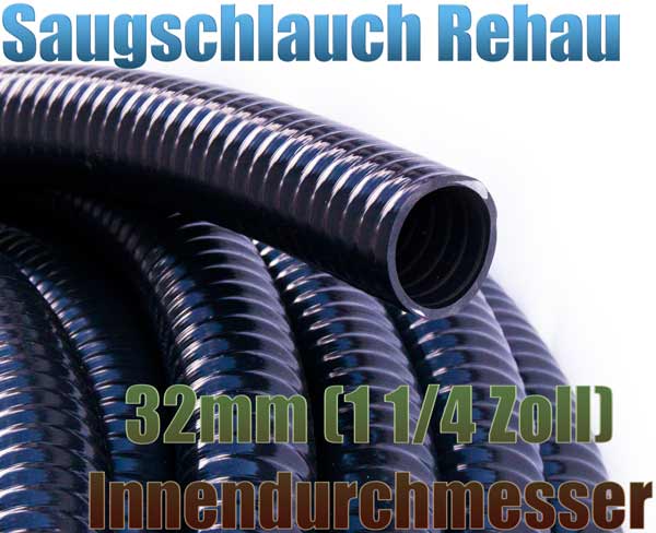 Saugschlauch 32mm (1 1/4 Zoll) glatt flexibel schwarz Rehau PVC Meterware  UV-beständig