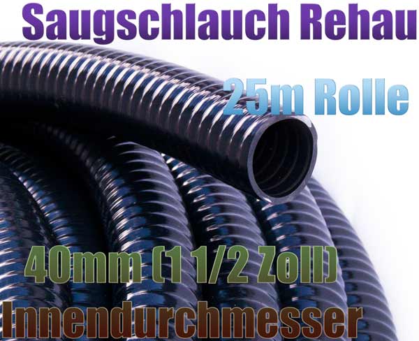 Saugschlauch 40mm (1 1/2 Zoll) glatt flexibel schwarz Rehau PVC
